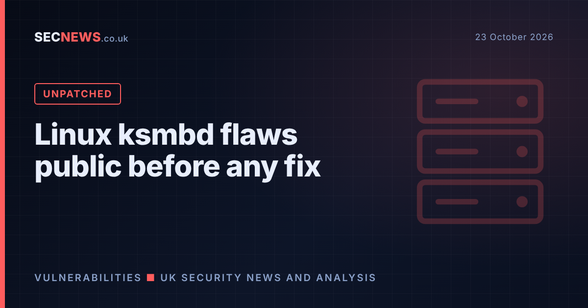 Server illustration with the headline Linux ksmbd flaws public before any fix