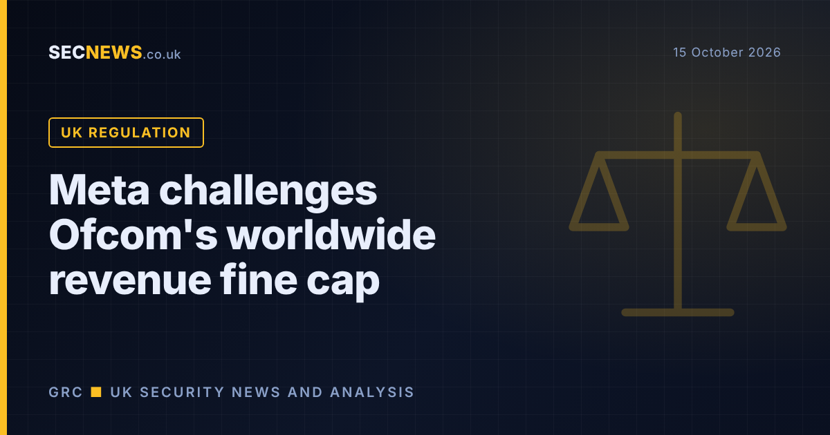Scales of justice graphic with the headline Meta challenges Ofcom's worldwide revenue fine cap