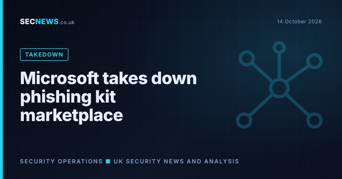 Network graphic with the headline Microsoft takes down phishing kit marketplace