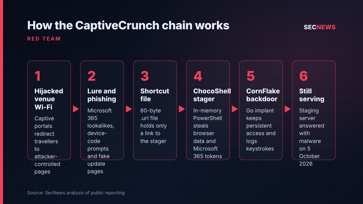 Flow diagram of the CaptiveCrunch attack chain from hijacked venue Wi-Fi through phishing, shortcut lure, ChocoShell stager and CornFlake backdoor to the still-live staging server