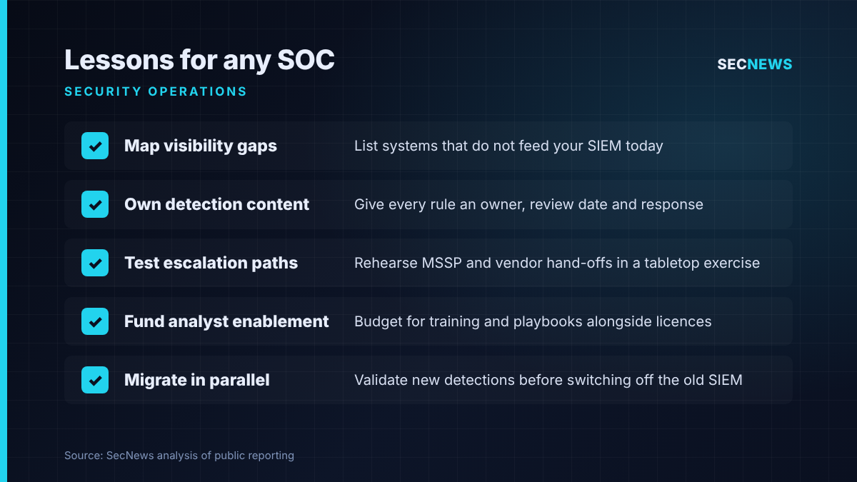 Checklist of five security operations lessons drawn from the MoD SIEM upgrade