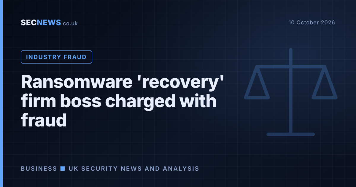 Scales of justice graphic with the headline Ransomware recovery firm boss charged with fraud