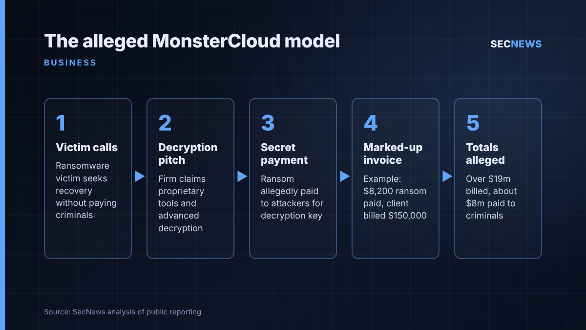 Flow diagram of the alleged MonsterCloud scheme, from victim contact through secret ransom payment to a marked-up invoice