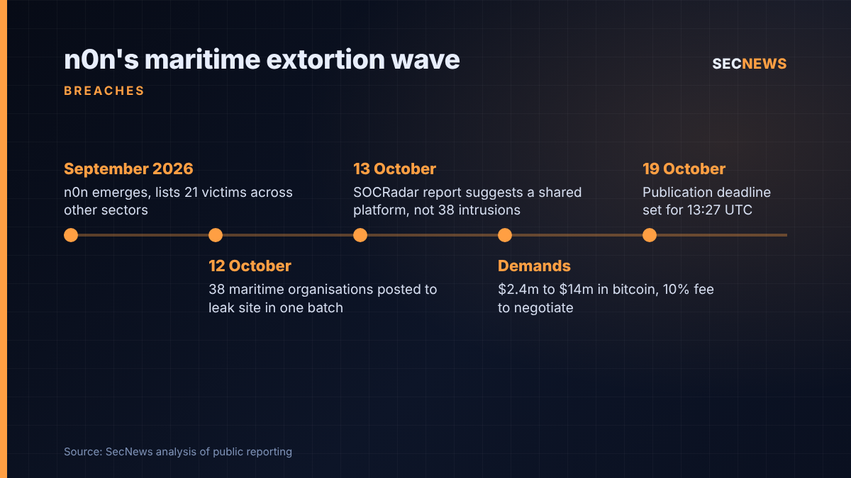 Timeline of the n0n maritime extortion claims from the group's emergence in September 2026 to its 19 October publication deadline