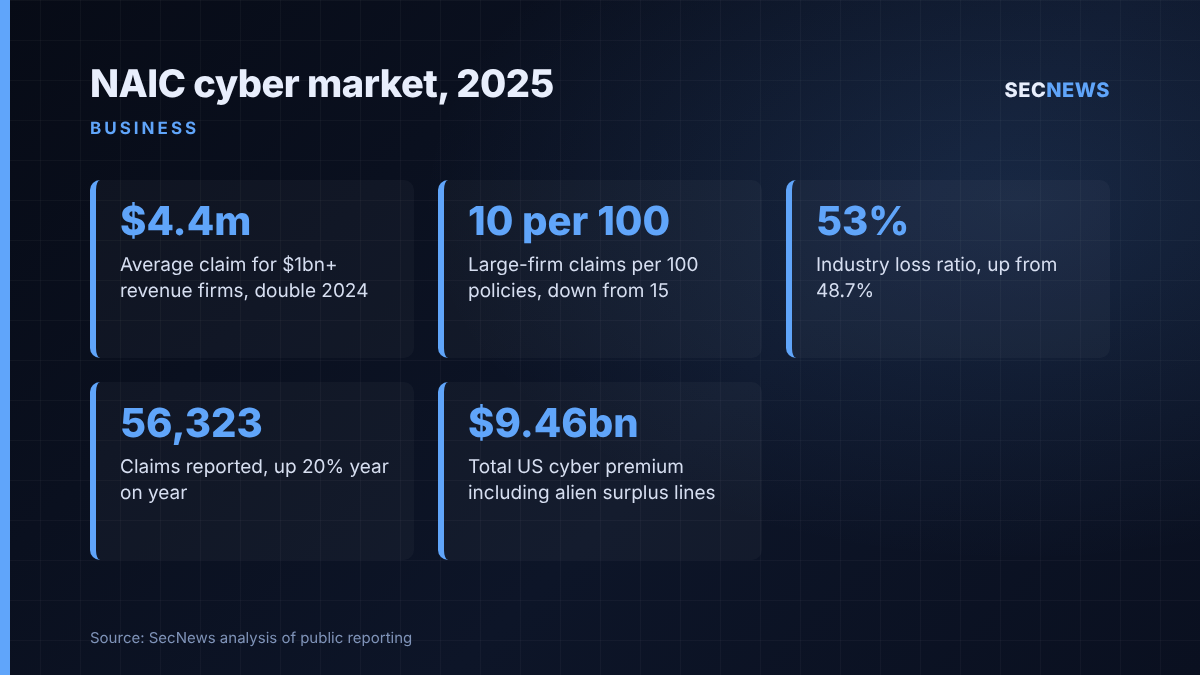 Key figures from the NAIC 2026 cyber insurance market report: $4.4m average large-firm claim, 10 claims per 100 policies, 53% loss ratio, 56,323 claims, $9.46bn premium