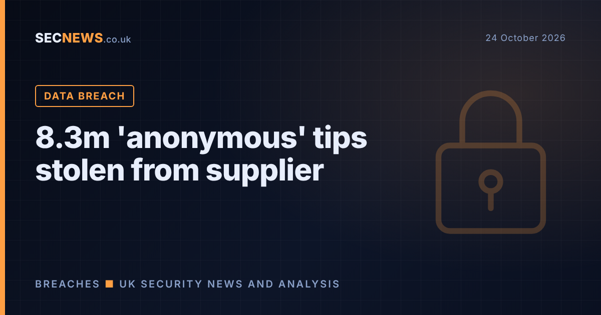 Padlock graphic with headline about 8.3 million anonymous tips stolen from a supplier