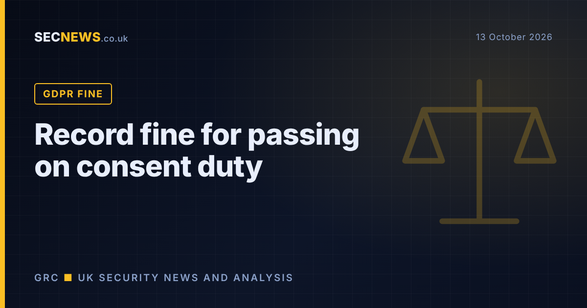 Scales of justice motif with the headline Record fine for passing on consent duty