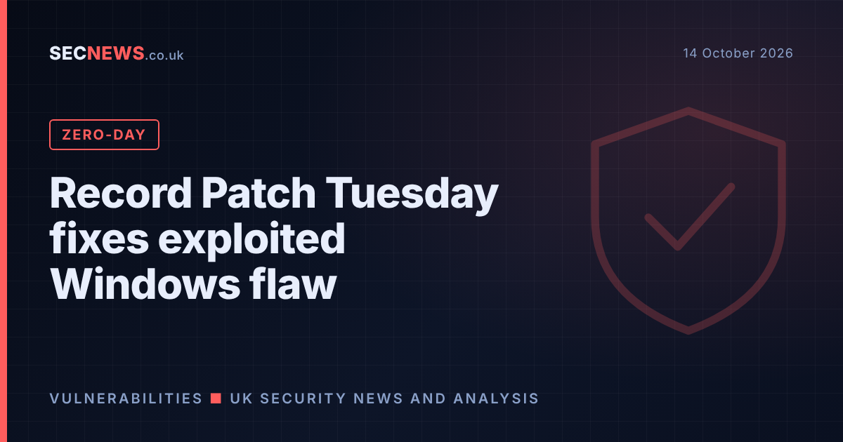 Shield graphic with the headline Record Patch Tuesday brings Windows zero-day