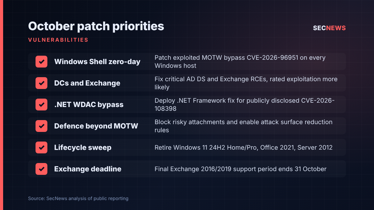 Checklist of six patch priorities for Microsoft's October 2026 Patch Tuesday, from the Windows Shell zero-day to end-of-support products