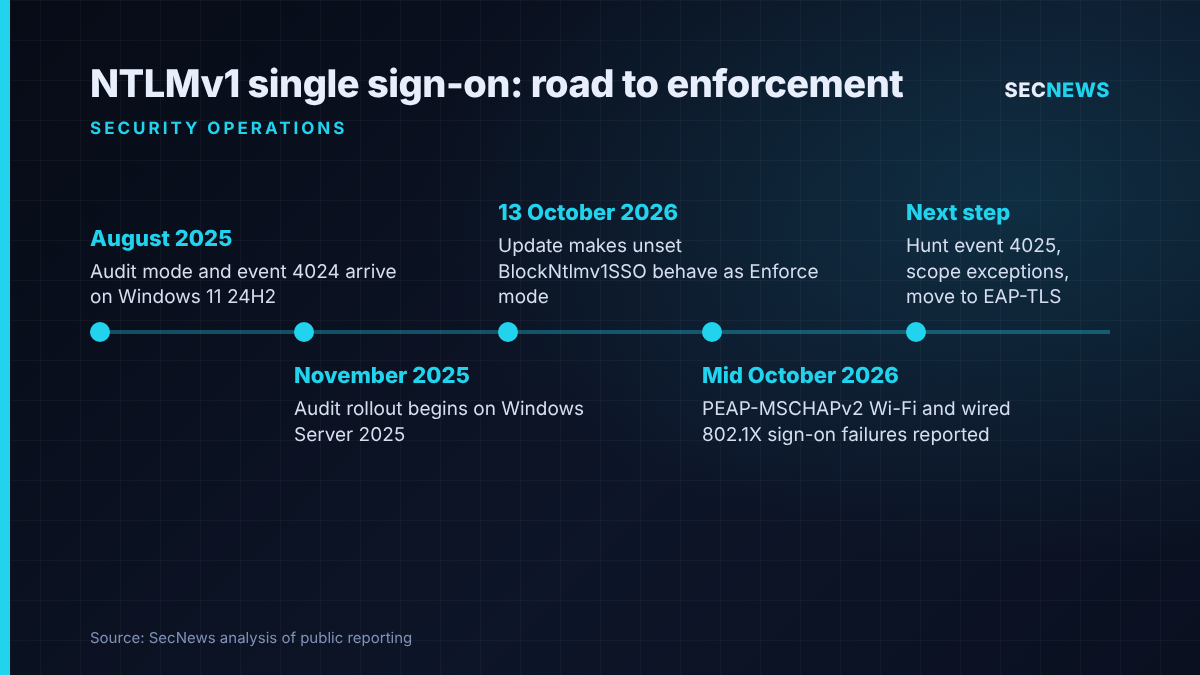 Timeline showing Microsoft's move from NTLMv1 auditing in August 2025 to default enforcement in the October 2026 Windows update