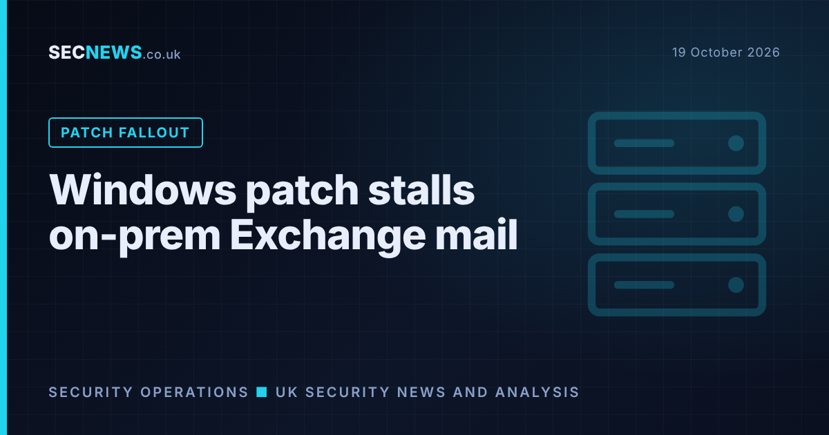 Illustration of a server rack with a warning symbol, headlined Windows patch stalls on-prem Exchange mail