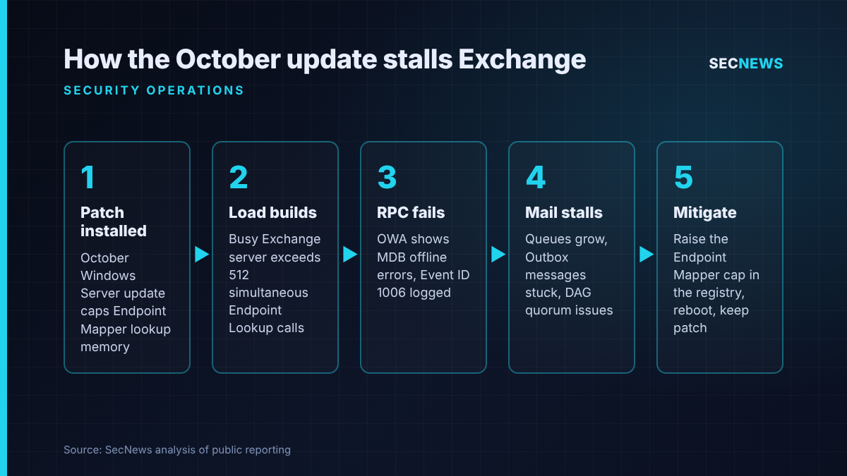 Flow diagram showing how the October Windows Server update's Endpoint Mapper cap leads to Exchange RPC failures, stalled mail and the registry mitigation