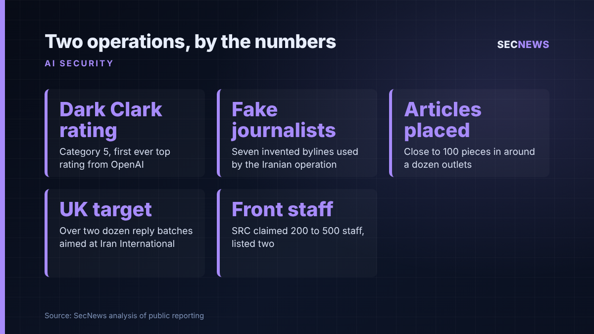 Key figures from OpenAI's report on the Russian Dark Clark and Iranian Bogus Bylines influence operations