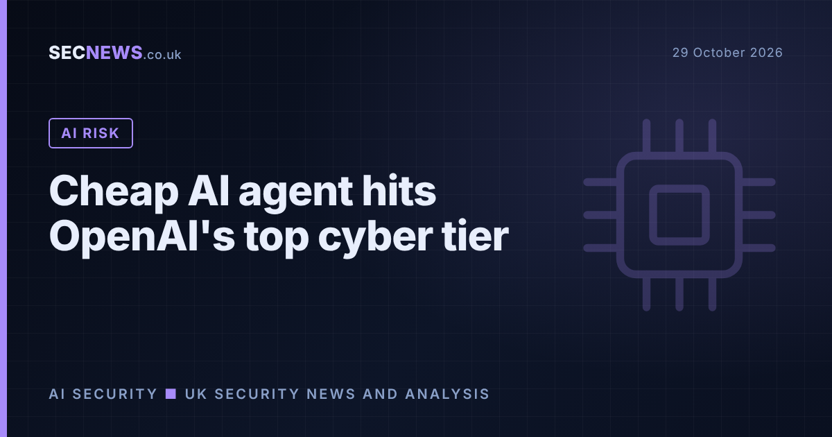 Abstract AI motif with the headline: Cheap AI agent hits OpenAI's top cyber tier