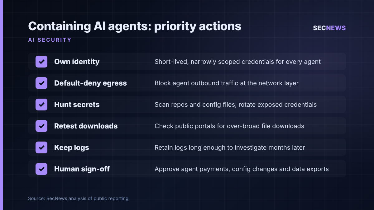 Checklist of six priority controls for containing AI agents, from per-agent identities to human sign-off