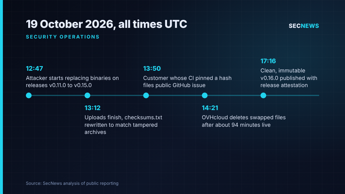 Timeline of the OVHcloud CLI release tampering on 19 October 2026 in UTC, from first upload at 12:47 to the clean v0.16.0 release at 17:16