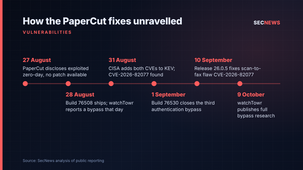 Timeline of PaperCut's emergency patches and watchTowr's bypasses from 27 August to 9 October 2026