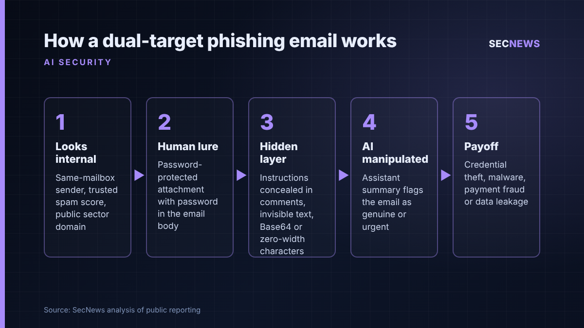 Flow diagram showing how a dual-target phishing email bypasses filters, lures the human, hides instructions for the AI assistant and leads to credential theft or fraud