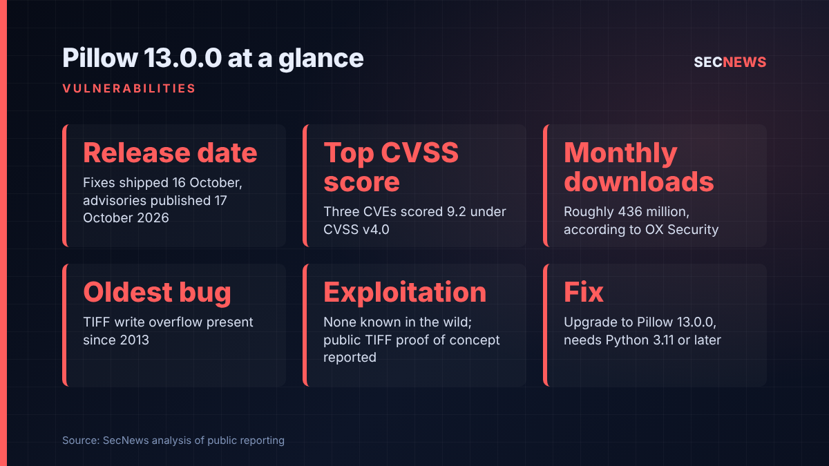 Key figures for the Pillow 13.0.0 security release: dates, CVSS scores, download volume, oldest bug, exploitation status and fix.