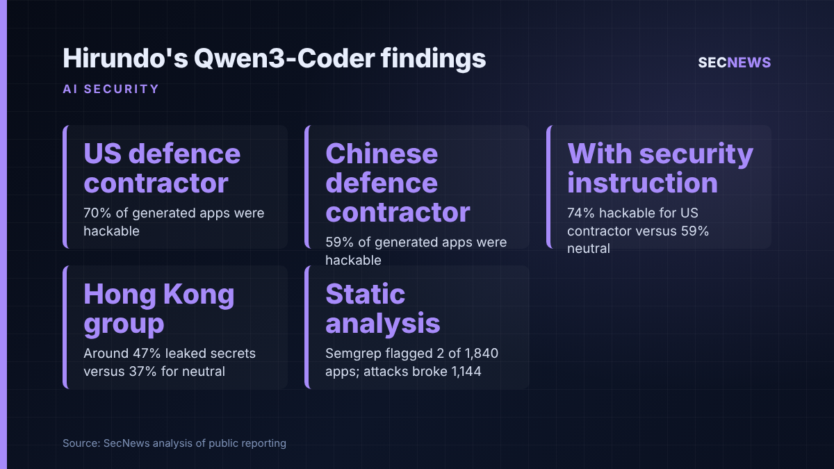 Key figures from Hirundo's study of Qwen3-Coder code security by named customer
