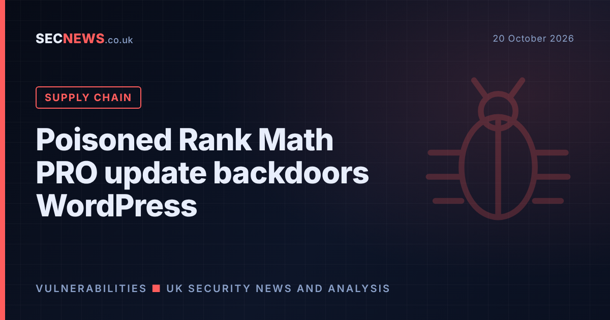 Illustration of a bug inside a software update package, representing the backdoored Rank Math PRO WordPress plugin