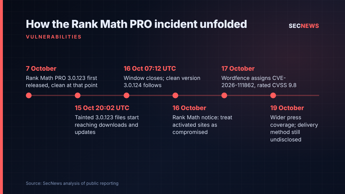 Timeline of the Rank Math PRO 3.0.123 backdoor incident from the 7 October release to 19 October coverage