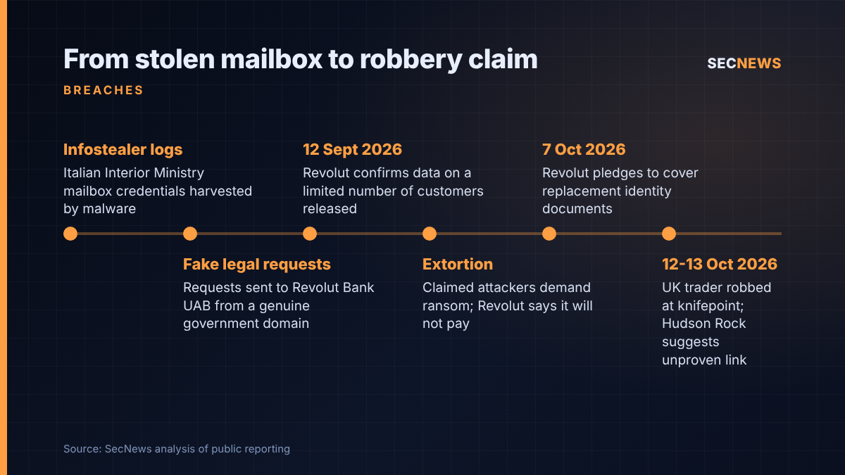 Timeline from infostealer-compromised government mailbox to the Revolut breach, extortion demand and the UK robbery report