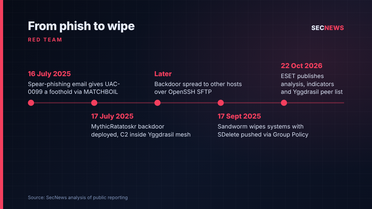 Timeline of the UAC-0099 and Sandworm attack on a Ukrainian grain logistics firm, from phishing in July 2025 to wiping in September 2025