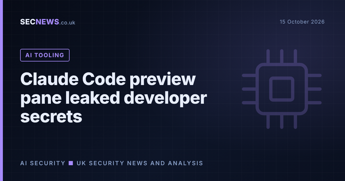 Illustration of an AI coding assistant preview pane leaking developer credentials