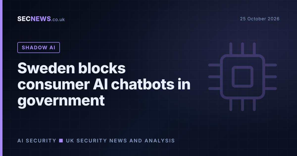 Illustration of an AI chip motif with the headline Sweden blocks consumer AI chatbots in government