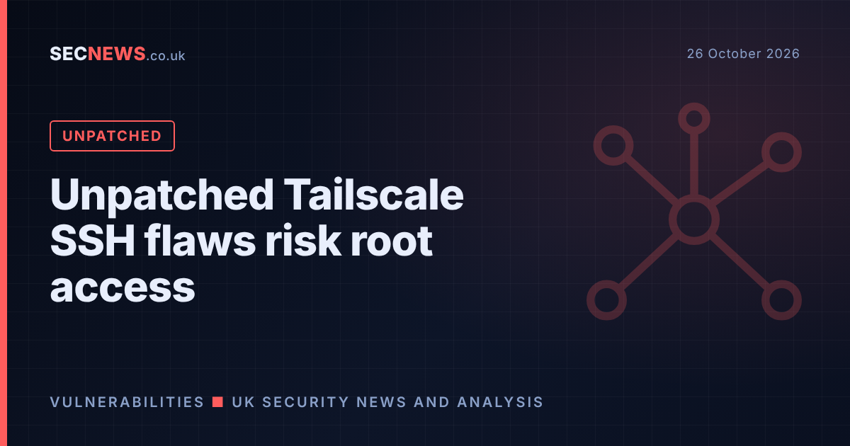 Network mesh graphic with the headline Unpatched Tailscale SSH flaws risk root access