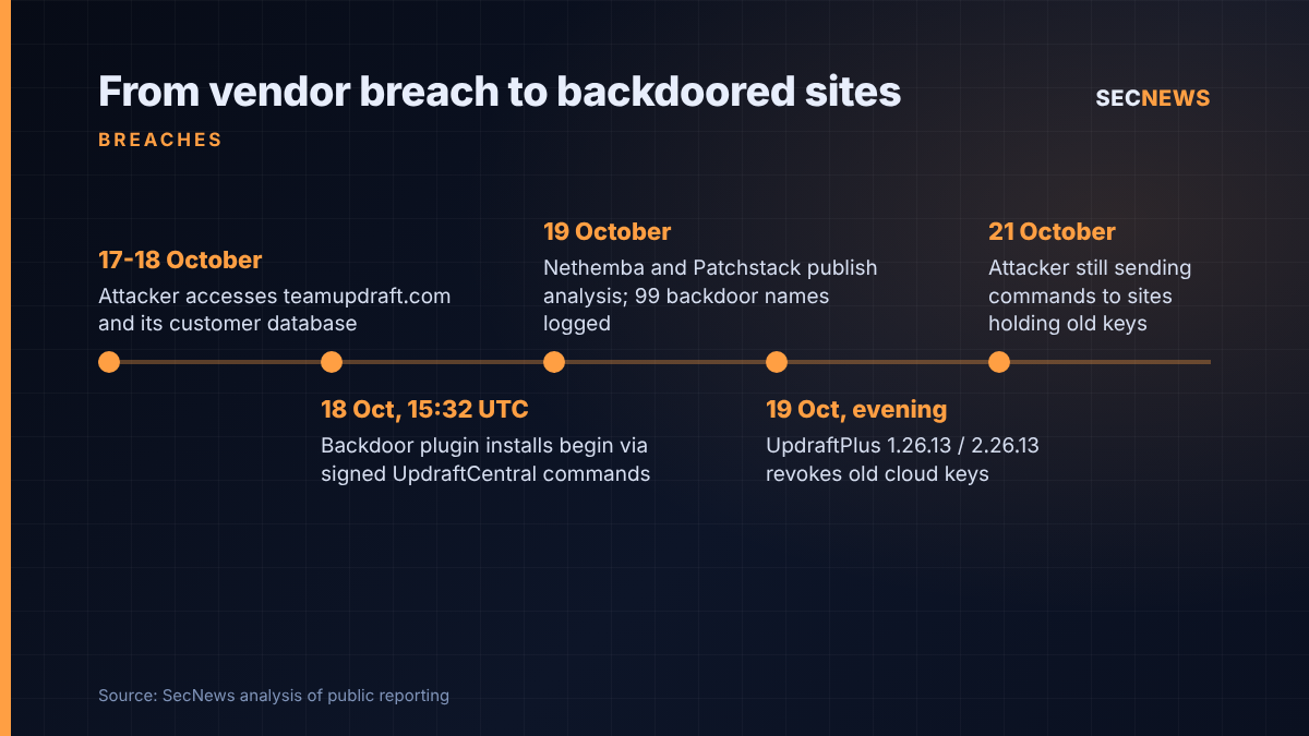 Timeline of the TeamUpdraft breach from initial access on 17-18 October to continued attacker commands on 21 October 2026
