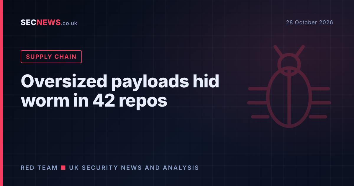 Illustration of a software bug motif with the headline Oversized payloads hid worm in 42 repos