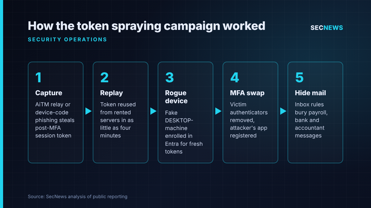 Flow diagram of the five stages of the Microsoft 365 token spraying campaign: token capture, replay, rogue device registration, MFA method swap and hidden inbox rules