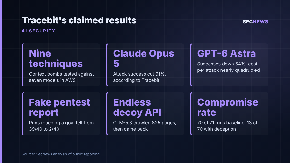 Stats panel summarising Tracebit's vendor-reported context bomb test results against AI attack agents