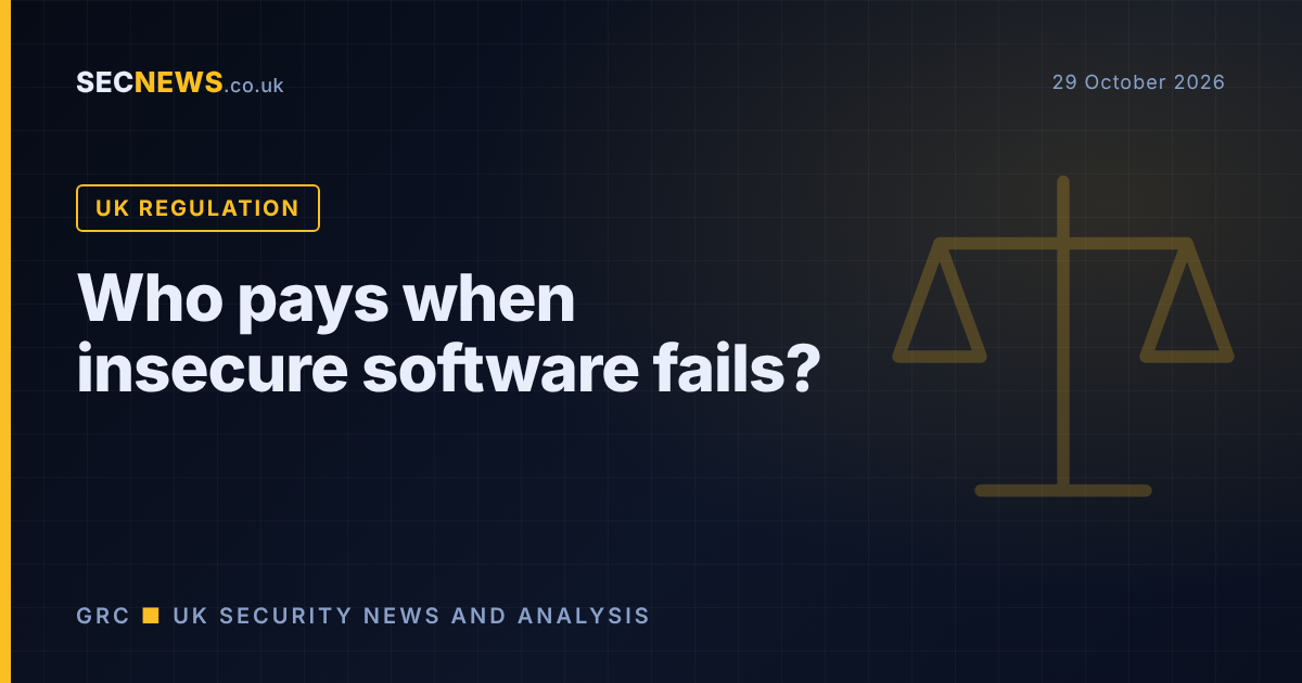 Scales of justice graphic with the headline: who pays when insecure software fails?