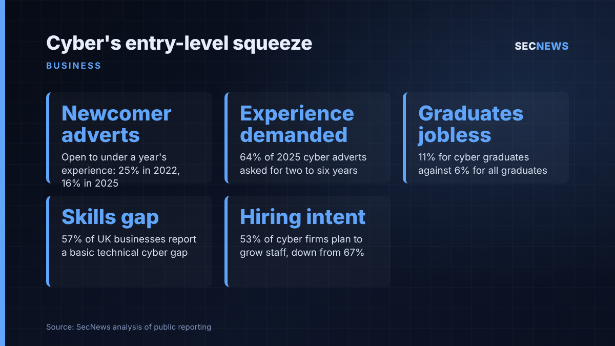 Statistics panel showing falling entry-level cyber job adverts, cyber graduate unemployment and UK skills gap figures from the Jobs Plan