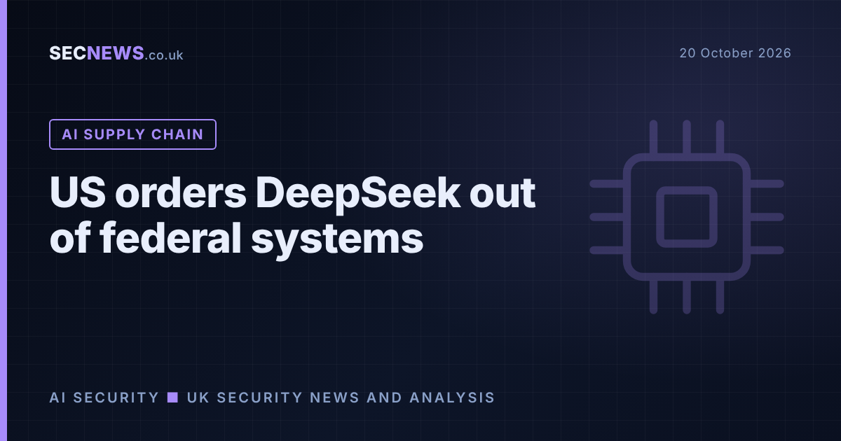 Abstract AI chip graphic with the headline US orders DeepSeek out of federal systems