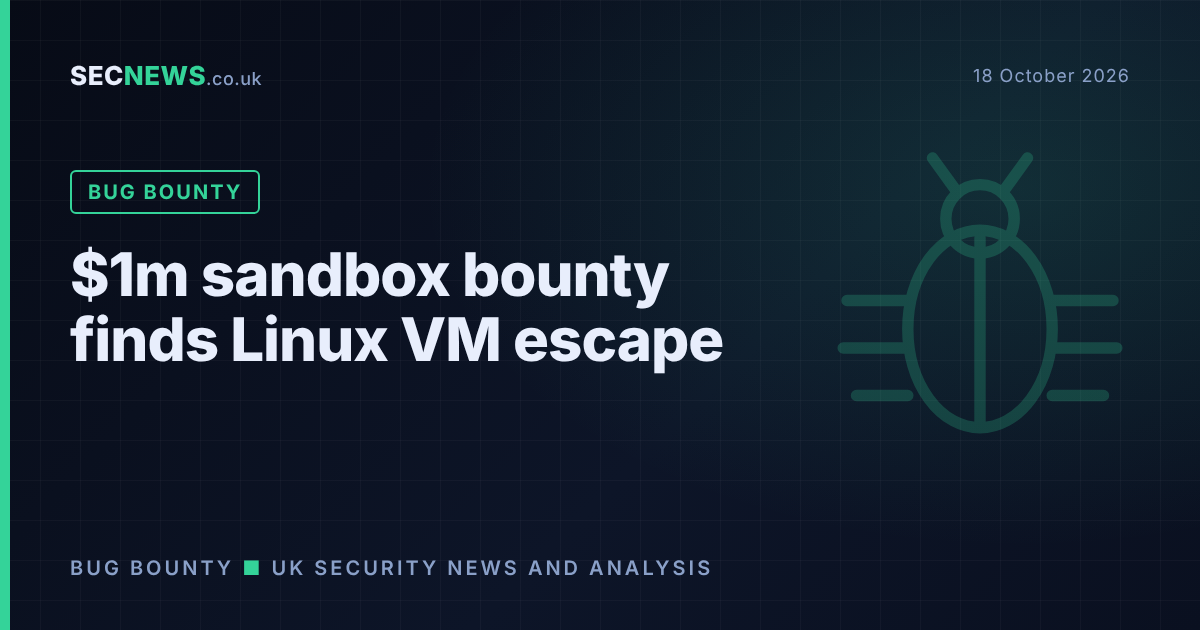 Illustration of a bug icon breaking out of a virtual machine boundary with the headline $1m sandbox bounty finds Linux VM escape