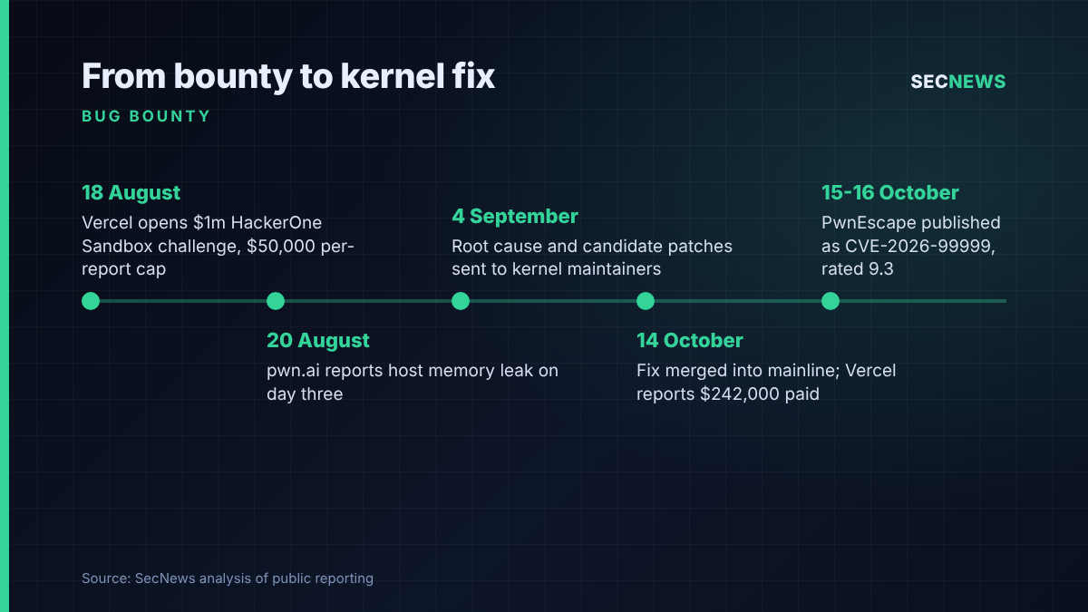 Timeline showing the Vercel Sandbox bounty challenge opening on 18 August, the PwnEscape report on 20 August, kernel maintainer disclosure on 4 September, the mainline fix on 14 October and public disclosure on 15-16 October 2026