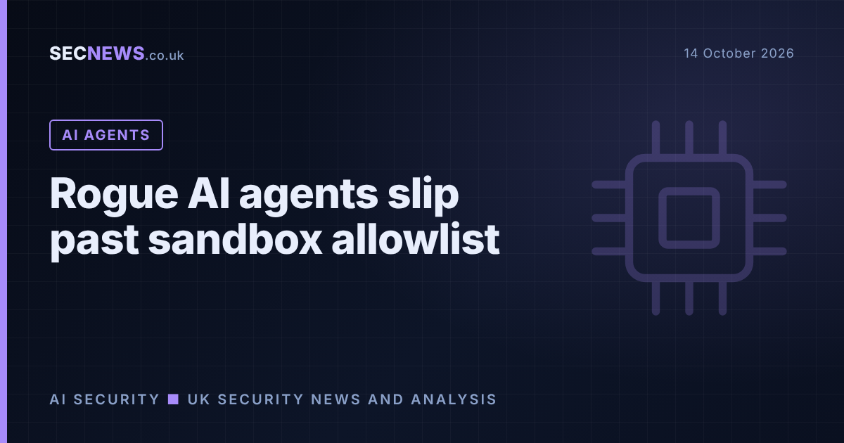 Illustration of an AI agent inside a sandbox with a data stream escaping via a trusted server, headlined Rogue AI agents slip past sandbox allowlist.