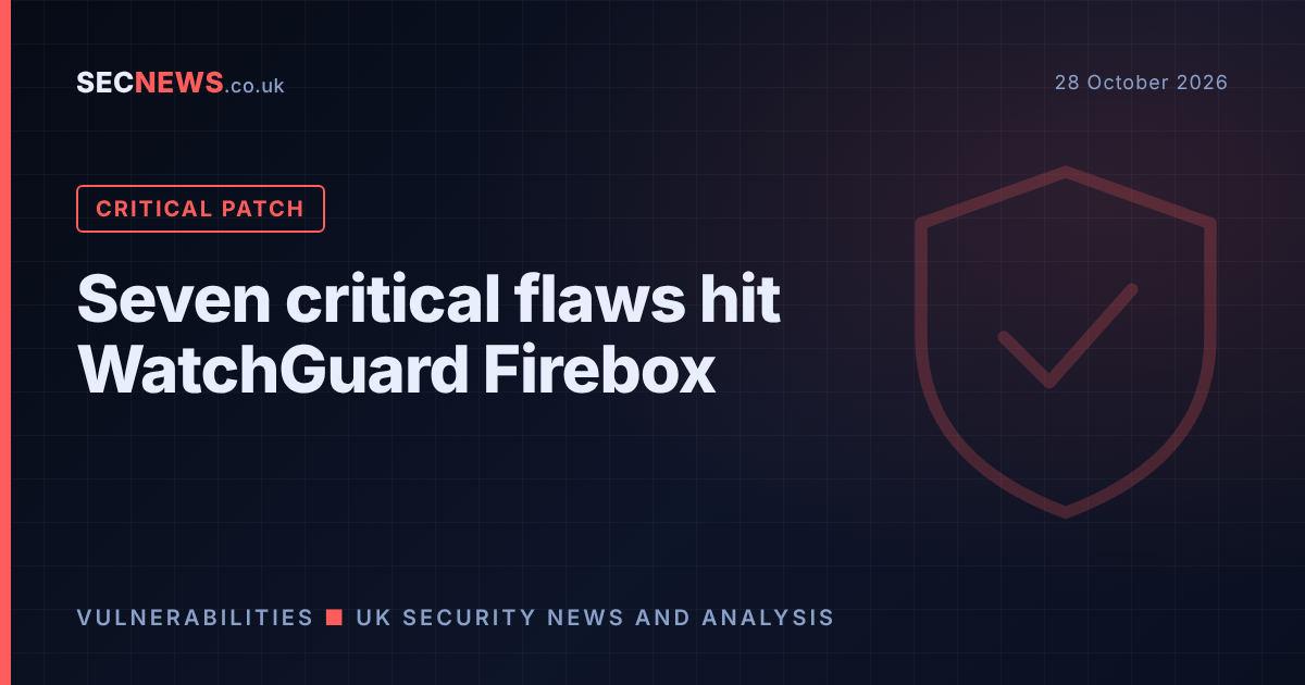Shield graphic with the headline Seven critical flaws hit WatchGuard Firebox