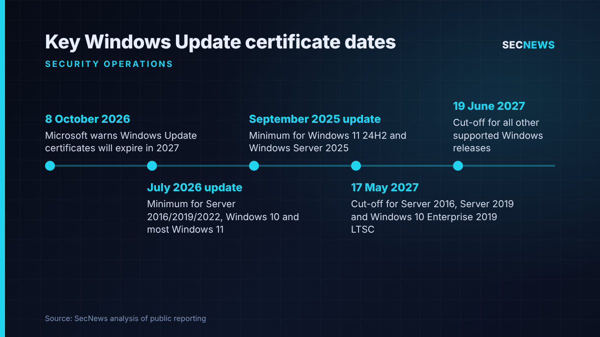 Timeline of Windows Update certificate rotation dates and minimum updates required per Windows version
