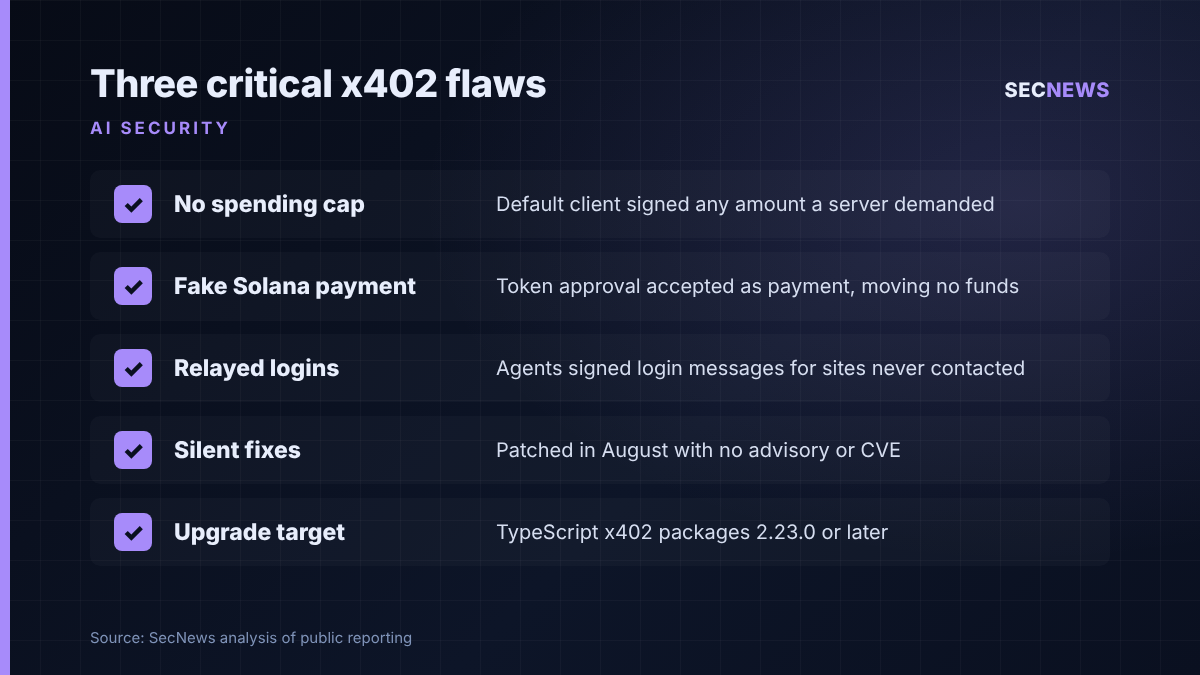 Checklist of the three critical x402 flaws V12 found, how they were silently fixed and the version to upgrade to
