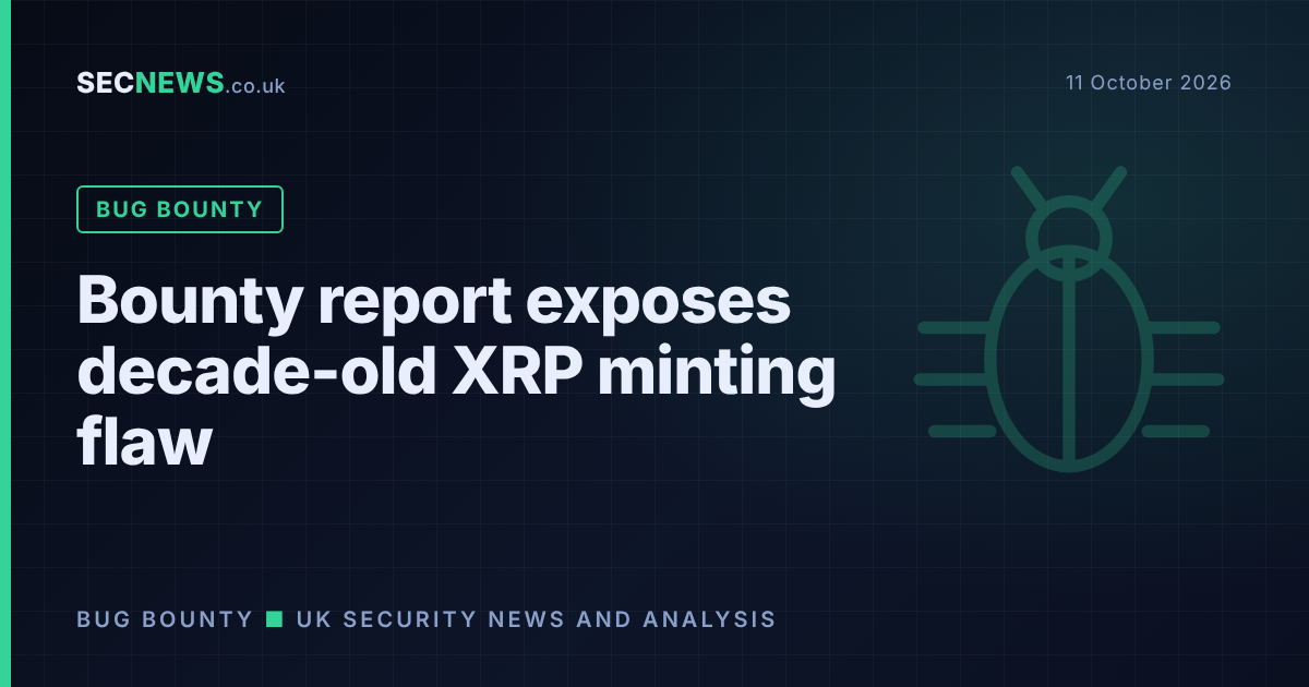 Illustration of a software bug over a ledger with the headline Bounty report exposes decade-old XRP minting flaw