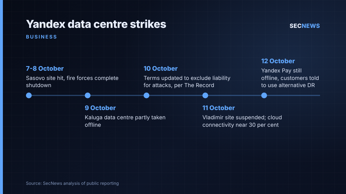 Timeline of drone strikes on Yandex data centres between 7 and 12 October 2026